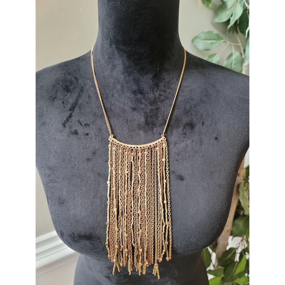 Women's Gold‎ Tone Fringe Beaded Necklace Statement Lobster Clasp Jewelry